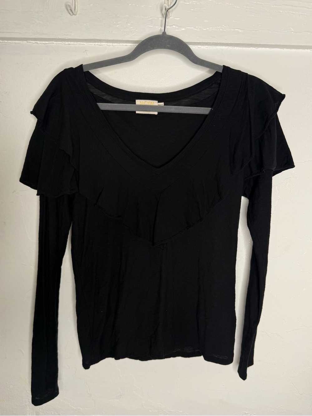 Nation Ltd Kelsey Ruffled Romance Tee Long Sleeve Pima Cotton Black Blouse Small - Picture 2 of 11